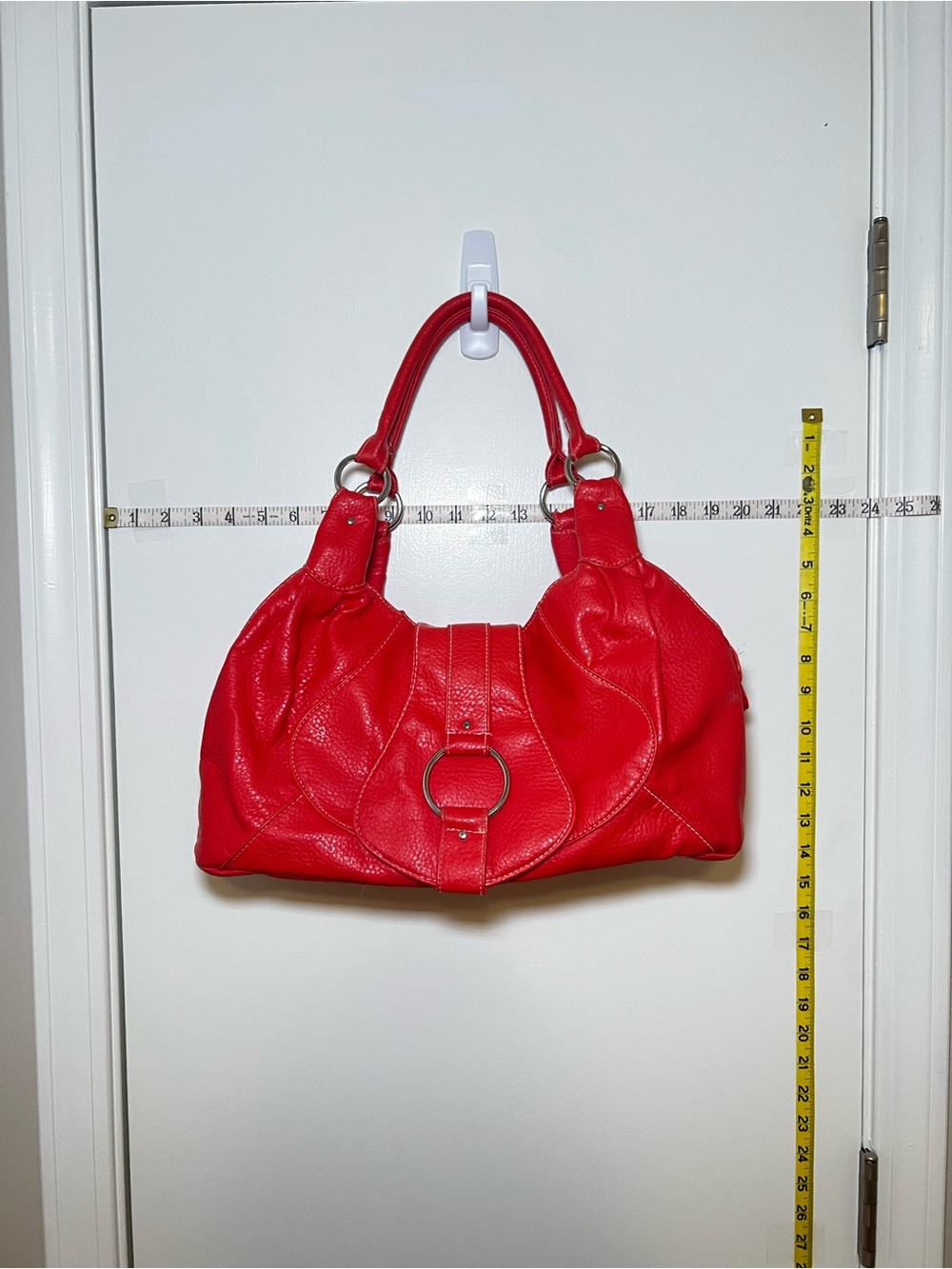 Coral Pink Red Leather Shoulder Bag Ring-Accent Handbag with Multiple Pockets